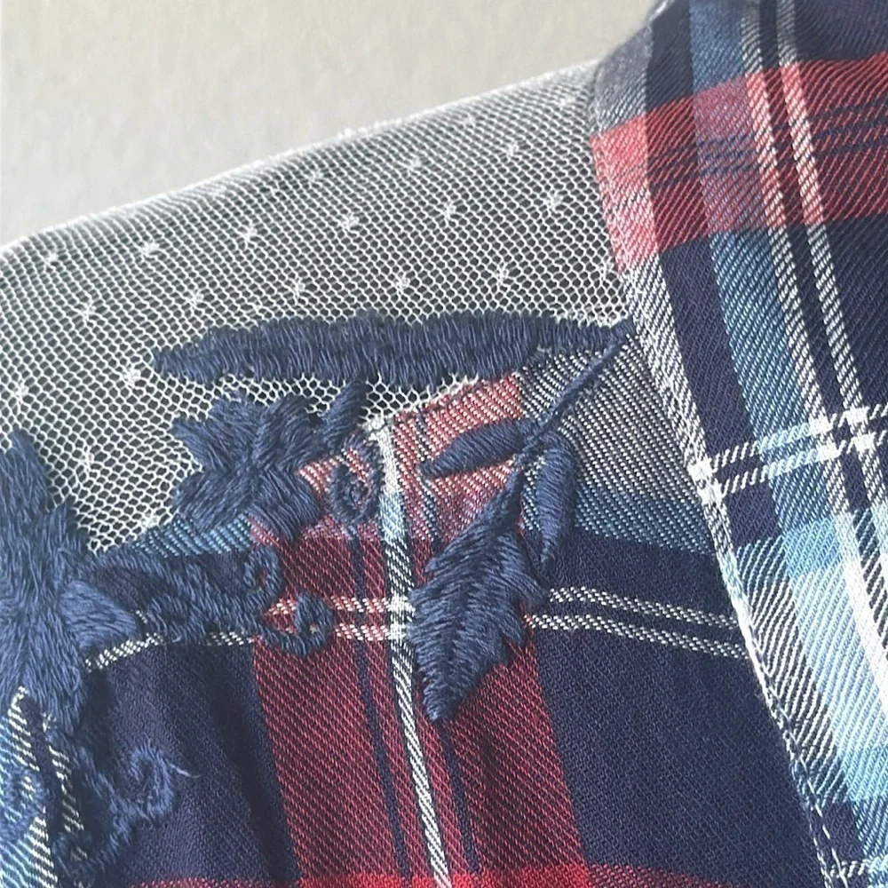 NWT DEX dress plaid lace sheer red blue medium oversized boyfriend style
